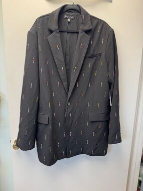 Black Embroidered Single-Breasted Blazer‎